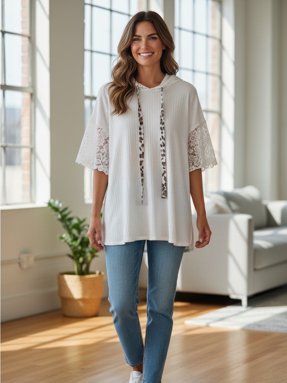 White Lace-Trim Hooded Short Sleeve Top